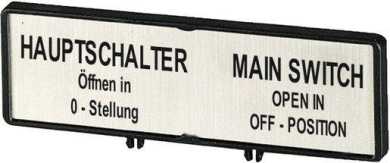 Träger + Schild Hauptschalter nur in 0-Stellung öffnen in DE/EN 