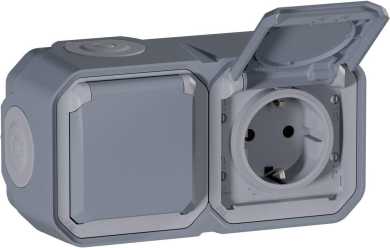 Plexo New Feuchtraum-AP Vorverdrahtete horizontale 2-fach Schuko-Steckdose Grau 