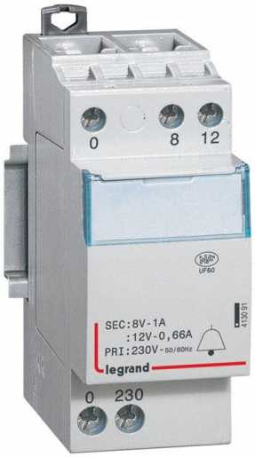 Klingeltransformator Prim.230V AC Sek.12/8V AC Strom 0,66/1A 8VA 2TE 