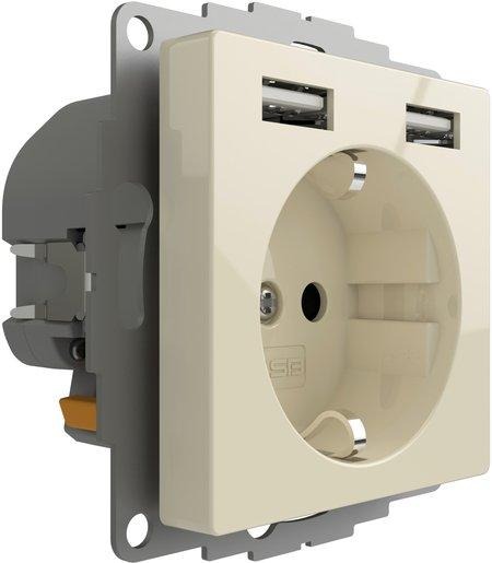Schuko Steckdose mit 2 USB-Anschlüssen cremeweiß glänzend 12W 2,4A 