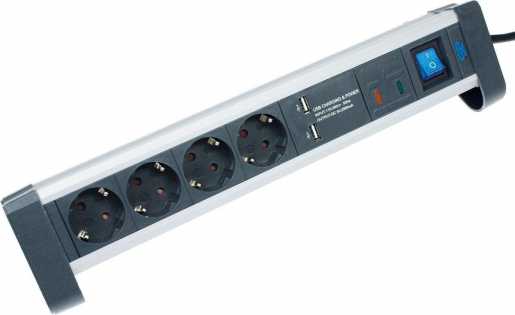 Tischverteiler 4-fach 45° ALUX 1,5m Kabel mit Schalter 2 USB Anschlüsse und ÜSS 