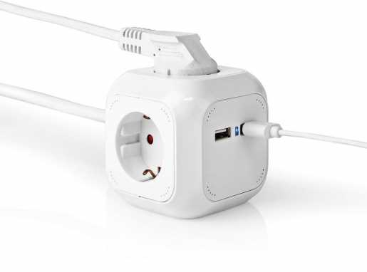 Steckdosenwürfel 4-fach Schuko 2x USB 1,5 m 3x 1,5 mm² 3680 W Weiß 
