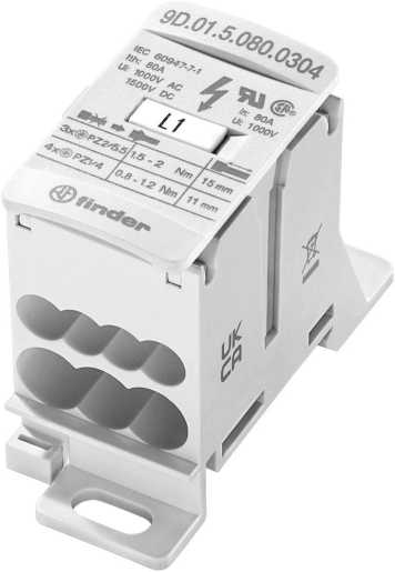 Energie-Verteilerblock  80 A für Tragschiene 35 mm  - 3 Eingänge / 4 Ausgänge 