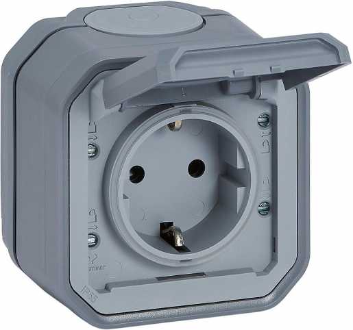 Plexo New Feuchtraum-AP Schuko-Steckdose Steckklemmen IP44 Grau 