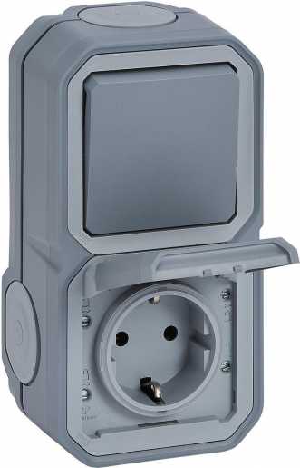 Plexo New FRAP Schuko-Steckdose+Wechselschalter horiz. u. vertikal. Steckklemmen 