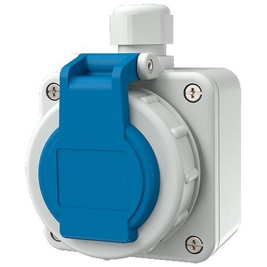 Schuko-Aufbausteckdose blau 16A 2P+E 230V IP68 