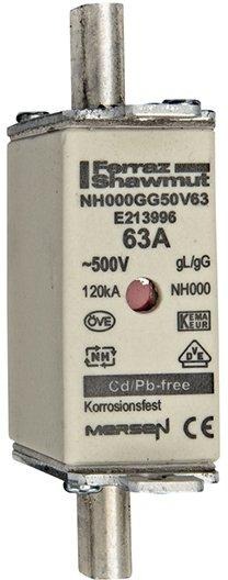 NH-Sicherung gG Gr.000 500VAC/250VDC 50A mit spannungsführenden Grifflaschen 