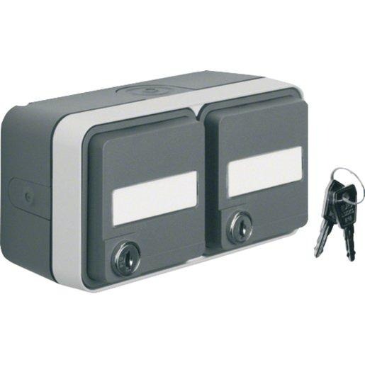 Steckdose SCHUKO 2-fach waagerecht Klappdeckel AP grau/lichtgrau matt 