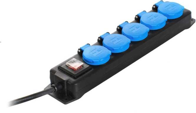 Steckdosenleiste IP44 5-fach blau 1,5m H07RN-F 3G1,5 mit Klappdeckel u. Schalter 