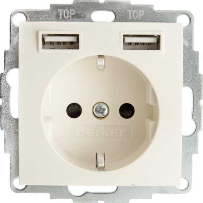 S.1 Schutzkontaktsteckdose mit 2fach USB 2,4 A weiß glänzend 