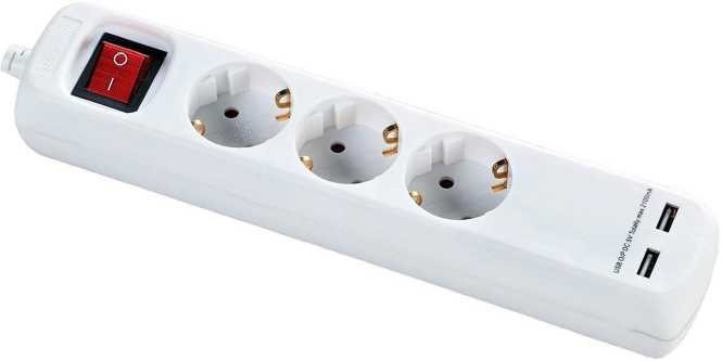 Tischverteiler 3-fach mit 2 USB-Port 2,1A beleuchtetem Schalter 1,4 m Kabel weiß 