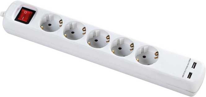 Tischverteiler 5-fach mit 2 USB-Port 2,1A beleuchtetem Schalter 1,4 m Kabel weiß 