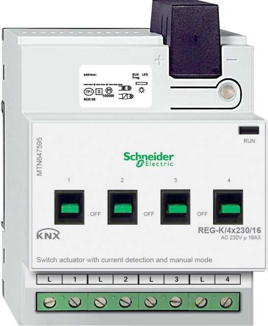 Schaltaktor REG-K/4x230/16 mit Handbetätigung und Stromerkennung - lichtgrau 