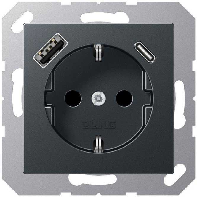 Steckdose SCHUKO 16A 250V USB-Ladegerät 1x Typ A + 1x Typ C Serie A anthrazit 
