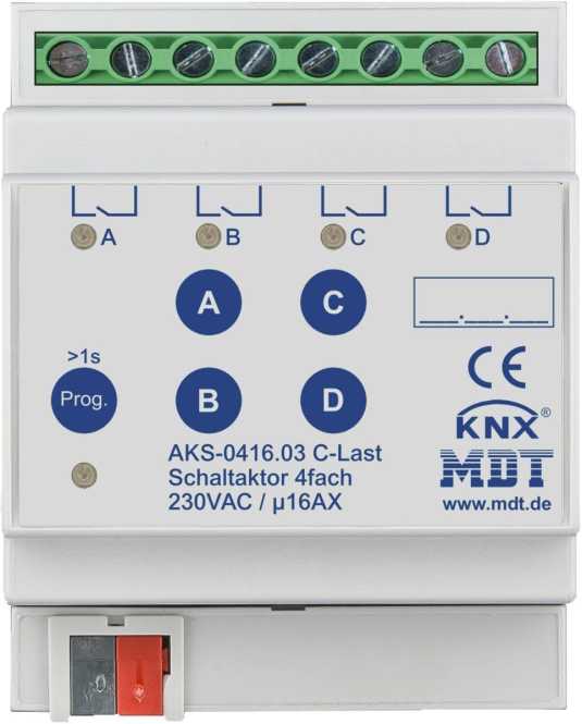 Schaltaktor 4-fach 4TE REG 16A 230VAC C-Last Standard 140µF 