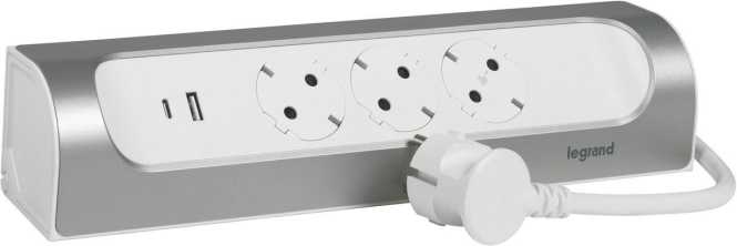 Ecksteckdosenleiste 3x Steckdose USB-A, USB-C, 1m Kabel ultraweiß/aluminium  