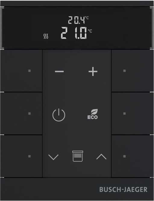Raumtemperaturregler mit VOC/Feuchte-Sensor und Bedienfunktion 6-fach swz. matt 