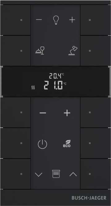 Raumtemperaturregler mit VOC/Feuchte-Sensor und Bedienfunktion 10-fach swz. matt 