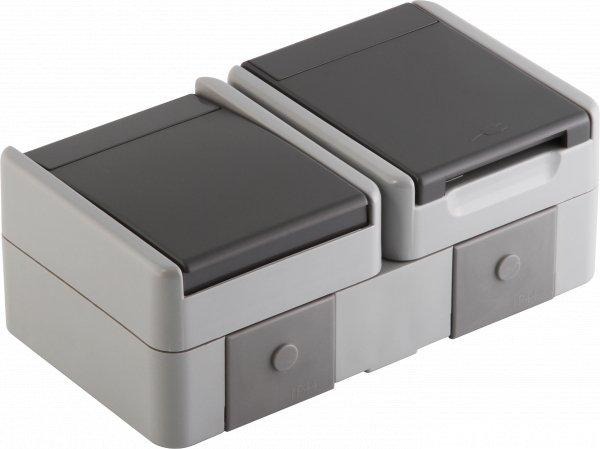 SET Steckdose Schuko+Schalter Wechs IP44 16 A + 10 AX 250 V BV grau 