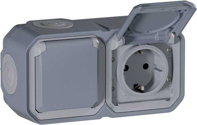 Plexo New Feuchtraum-AP Vorverdrahtete horizontale 2-fach Schuko-Steckdose Grau 