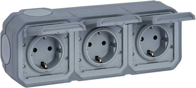 Plexo New Feuchtraum-AP Vorverdrahtete horizontale 3-fach Schuko-Steckdose Grau 
