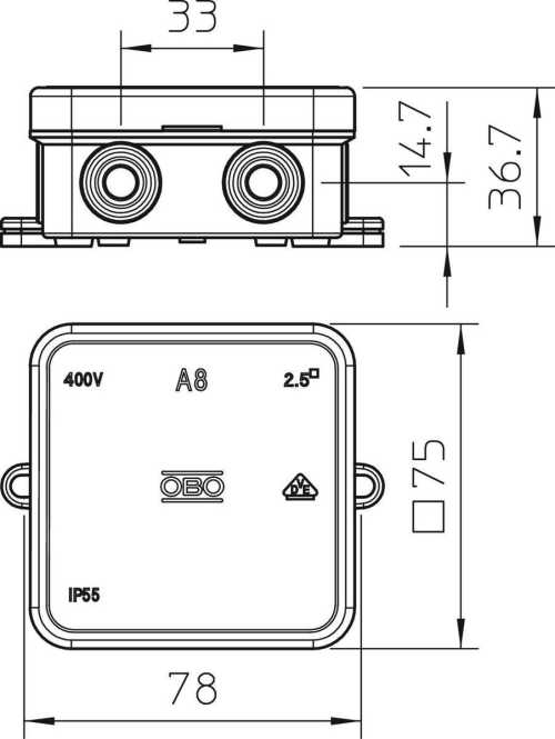 Kabelabzweigkasten 75x75x36 PE lichtgrau RAL 7035 