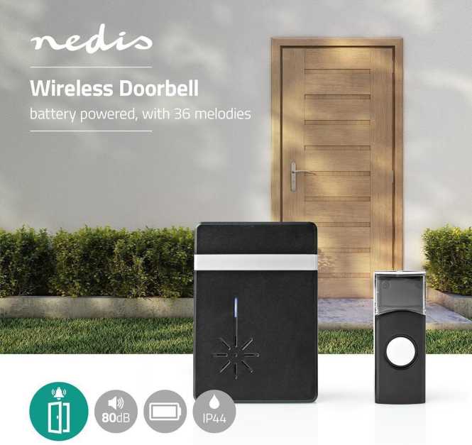 Drahtlos-Türklingel-Set Batteriebetrieb 36 Melodien 80 dB IP44 schwarz 