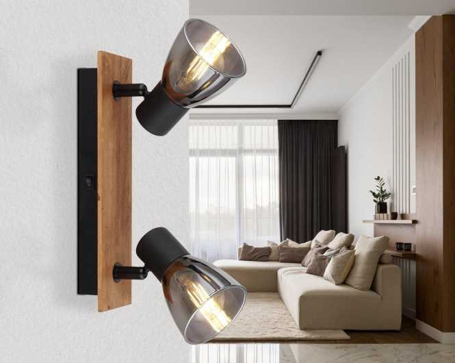 CLAUDE Strahler Holz dunkelbraun Glas rauchfarben 2x E14 40W 230V 