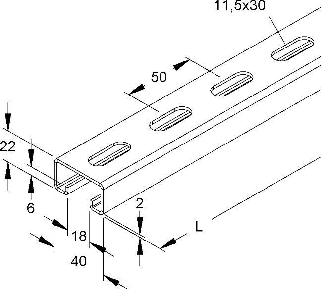 Ankerschiene C-Profil Schlitzweite 18 mm 40x22x2000 mm gelocht 