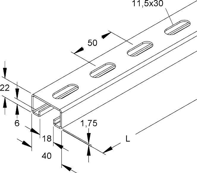 Ankerschiene C-Profil Schlitzweite 18 mm 40x22x2000 mm gelocht 