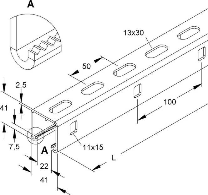 Ankerschiene C-Profil Schlitzweite 22mm 41x41x3000mm gelocht Stahl feuerverzinkt 