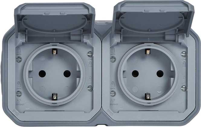 Plexo New Feuchtraum-AP Vorverdrahtete horizontale 2-fach Schuko-Steckdose Grau 