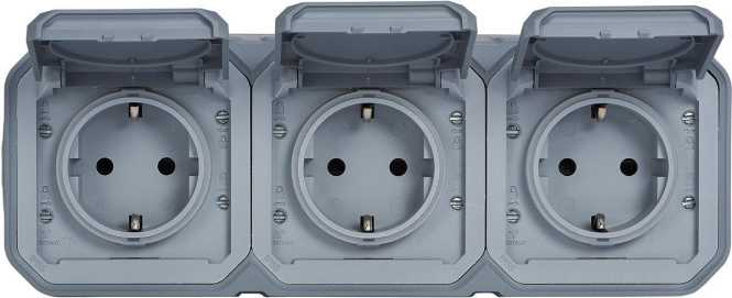 Plexo New Feuchtraum-AP Vorverdrahtete horizontale 3-fach Schuko-Steckdose Grau 