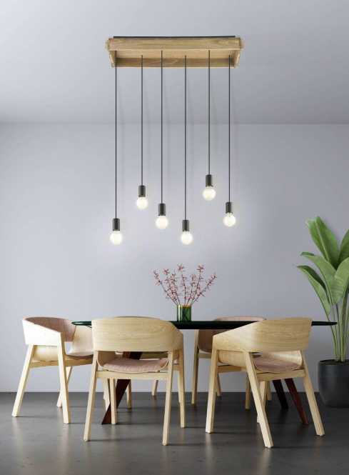 WOOTTON Hängeleuchte 6x40W E27 schwarz/Holz Vintage 