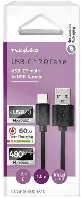 USB Kabel A-Stecker auf USB-C 60 W 480 Mbps vernickelt 1 m schwarz 