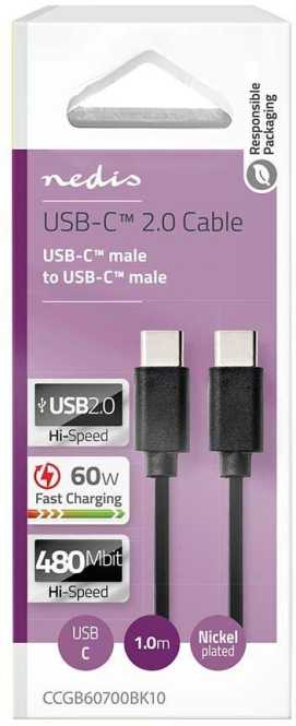 USB-C Kabel auf USB-C 60 W 480 Mbps vernickelt 1 m schwarz 