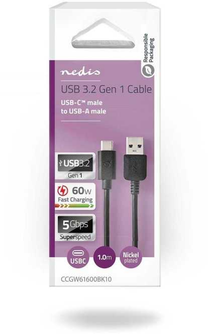 USB-A Kabel auf USB-C 60 W 5 Gbps vernickelt 1 m schwarz 