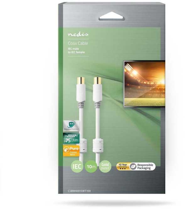 Koxialkabel IEC Stecker IEC Buchse vergoldet 100 dB 75 Ohm doppelt geschirmt 10m 