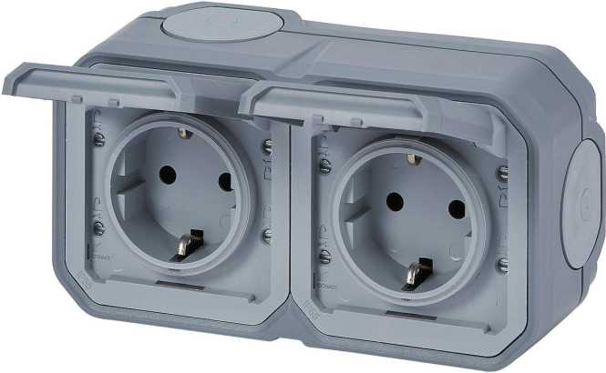 Plexo New Feuchtraum-AP Vorverdrahtete horizontale 2-fach Schuko-Steckdose Grau 