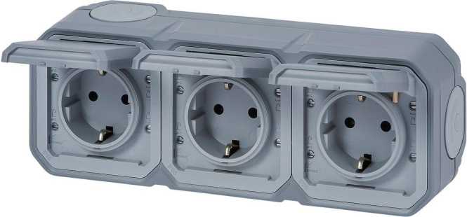 Plexo New Feuchtraum-AP Vorverdrahtete horizontale 3-fach Schuko-Steckdose Grau 