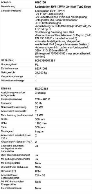 Ladestation EV11.TWIN 2x11kW Typ2 Dose 