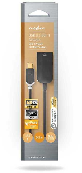 USB-C Adapter HDMI Buchse 4K@60Hz 0,2 m rund vergoldet anthrazit 