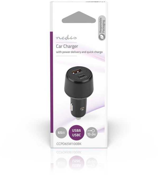 KFZ Ladegerät 2 Ausgänge 1xUSB A 1xUSB C 3,25A 65W automatische Spannungswahl 