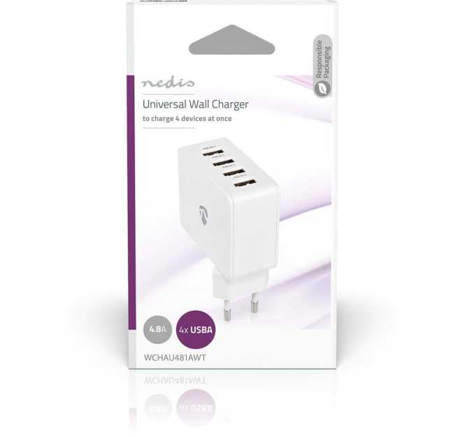 USB-Netzladegerät 4x USB A 2x2,4A 2x1A 24W weiß 